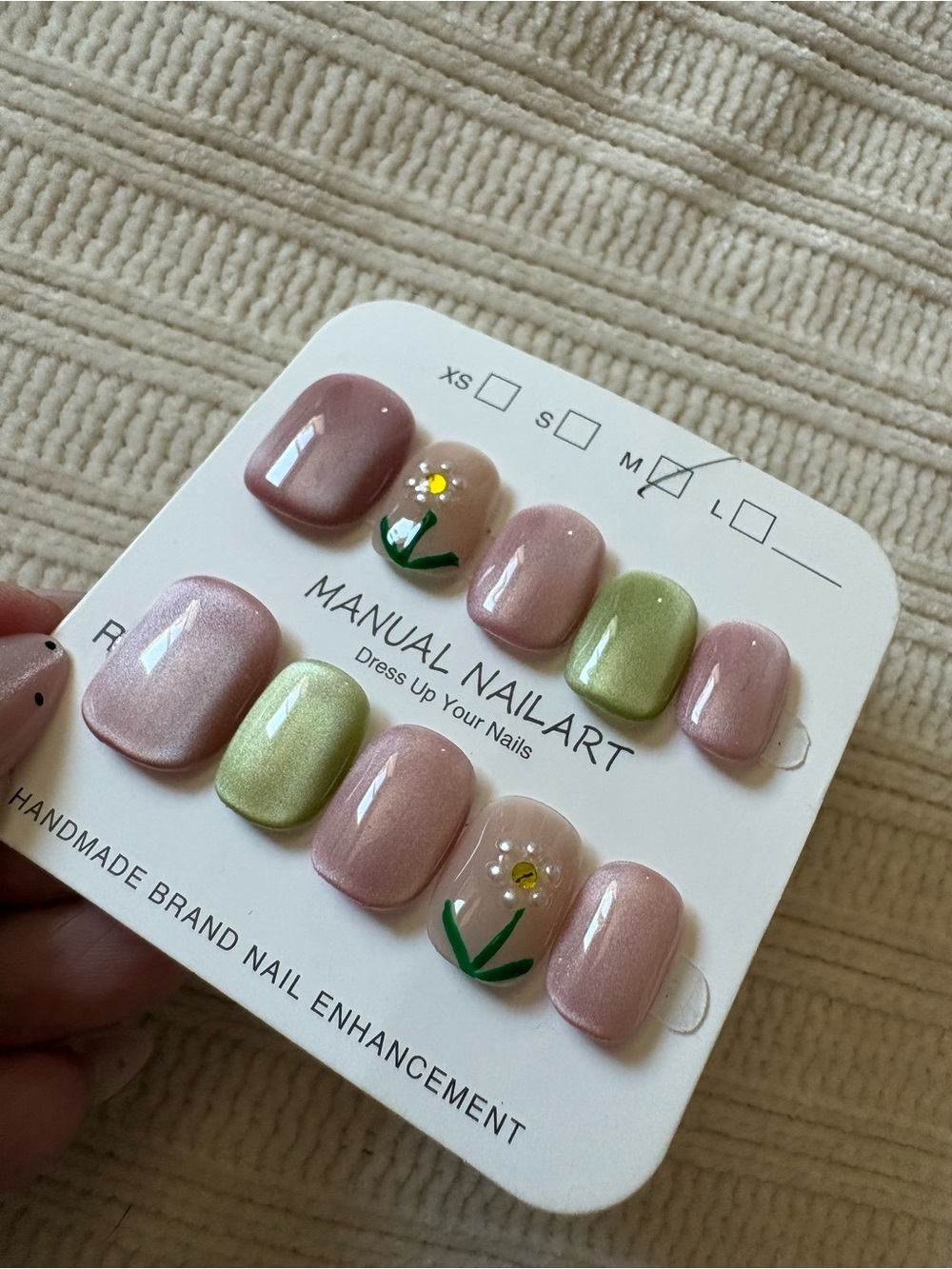 Handmade Pink & Green Floral Press-On Nails Size Medium